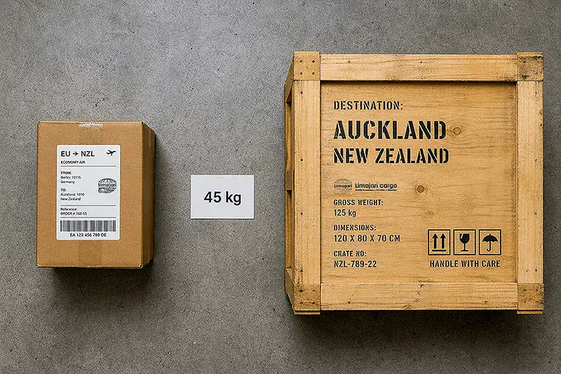 Cargo shipment with Auckland, New Zealand destination label and weight indicator. Cargo shipment with Auckland, New Zealand destination label and weight indicator.