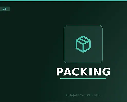 Title graphic for the Limajari Cargo packing service, showing a teal box icon above the word packing on a dark background.