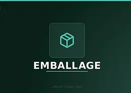 Visuel titre du service d'emballage de Limajari Cargo, montrant une icône de colis turquoise au-dessus du mot packing sur un fond sombre.