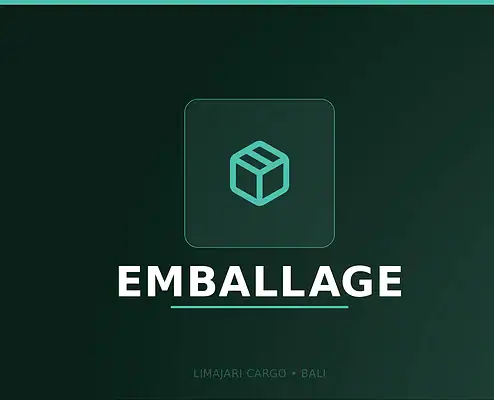 Visuel titre du service d'emballage de Limajari Cargo, montrant une icône de colis turquoise au-dessus du mot packing sur un fond sombre.