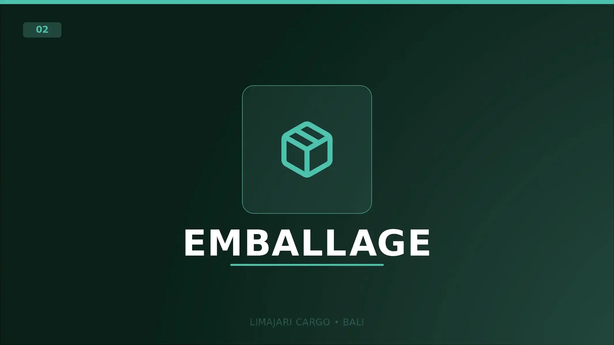Visuel titre du service d'emballage de Limajari Cargo, montrant une icône de colis turquoise au-dessus du mot packing sur un fond sombre.