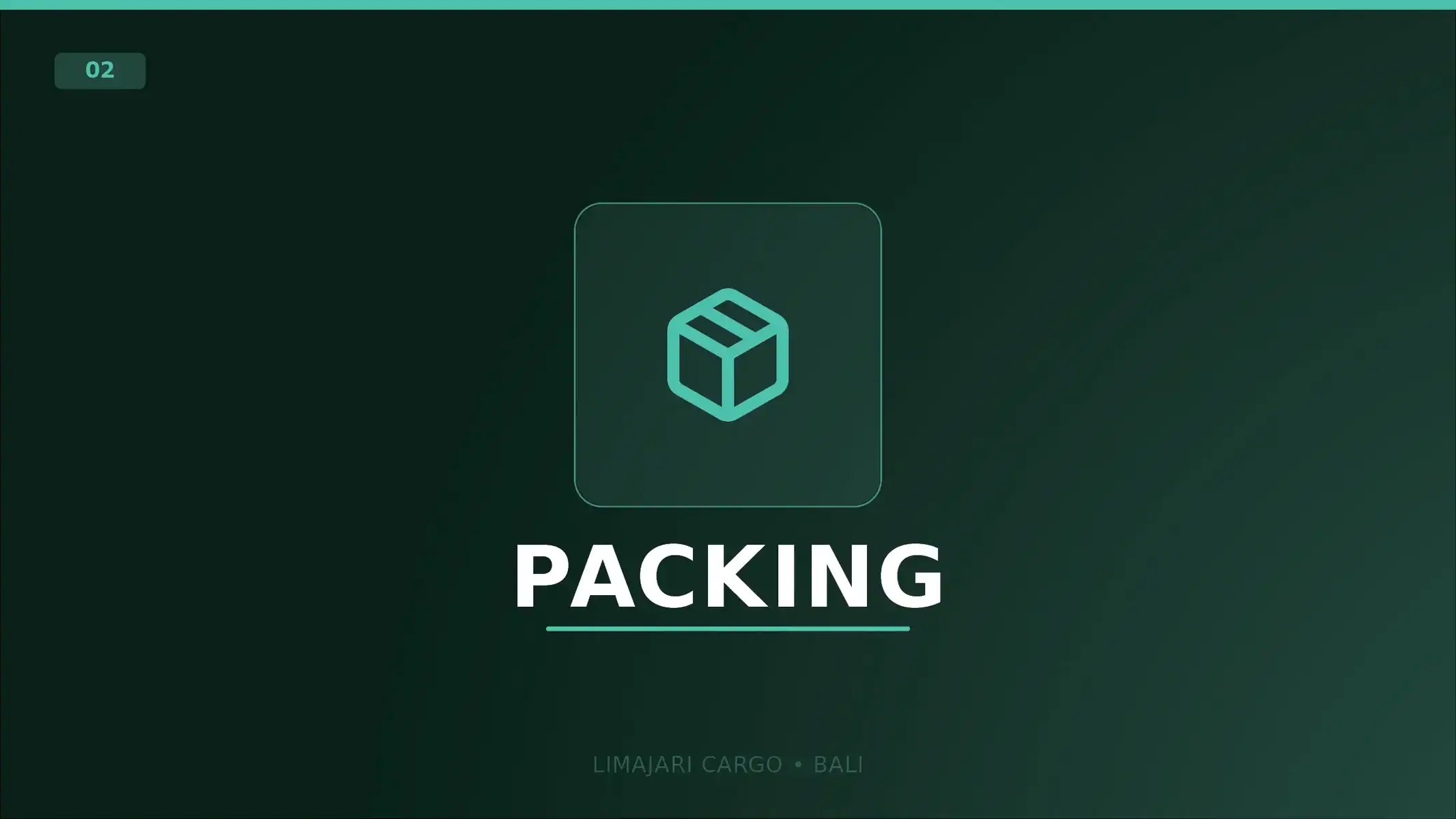 Title graphic for the Limajari Cargo packing service, showing a teal box icon above the word packing on a dark background.