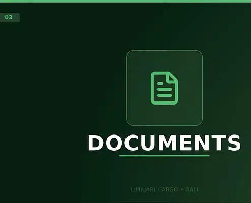 Visuel titre du service de documents d'exportation de Limajari Cargo, montrant une icône de document verte au-dessus du mot documents sur un fond sombre.