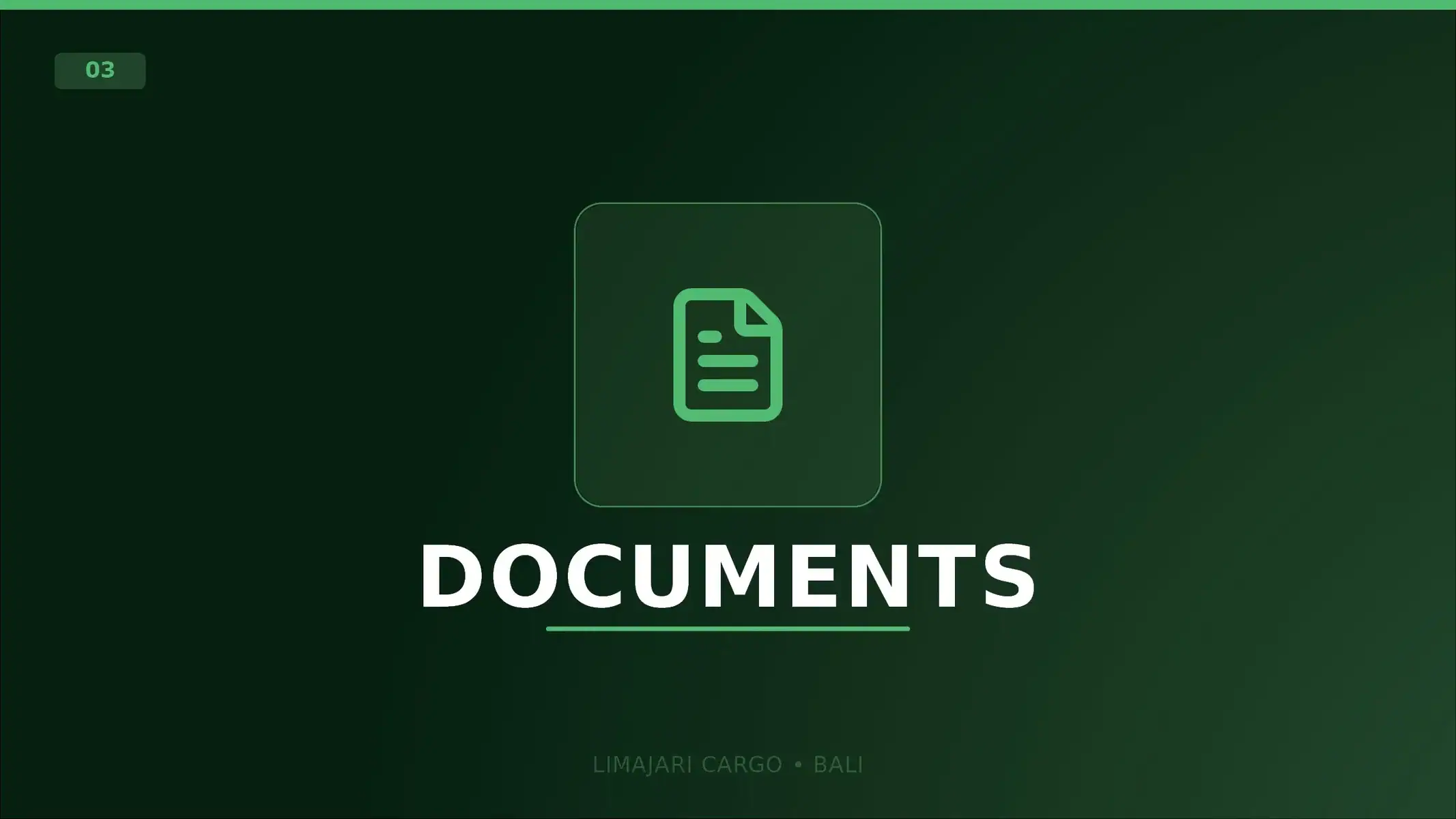 Limajari Cargo - Logistics services - Export Documents Title graphic for the Limajari Cargo export documents service, showing a green document icon above the word documents on a dark background.