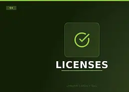 Title graphic for the Limajari Cargo export licenses service, showing a green check mark icon above the word licenses on a dark background.
