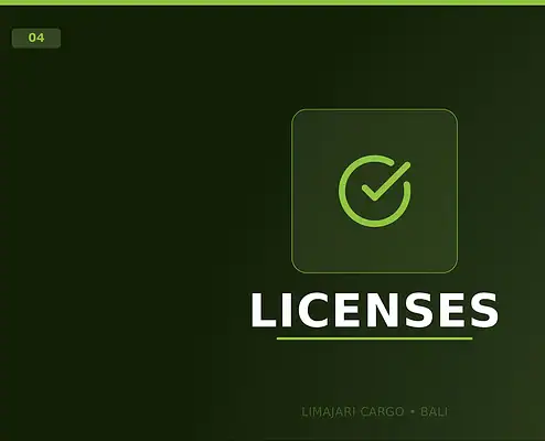 Title graphic for the Limajari Cargo export licenses service, showing a green check mark icon above the word licenses on a dark background.