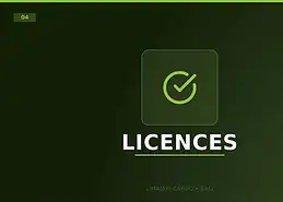 Visuel titre du service de licences d'exportation de Limajari Cargo, montrant une icône de coche verte au-dessus du mot licenses sur un fond sombre.