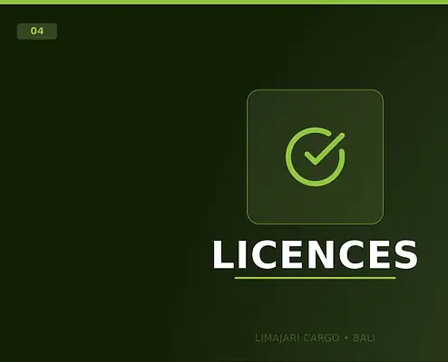 Visuel titre du service de licences d'exportation de Limajari Cargo, montrant une icône de coche verte au-dessus du mot licenses sur un fond sombre.
