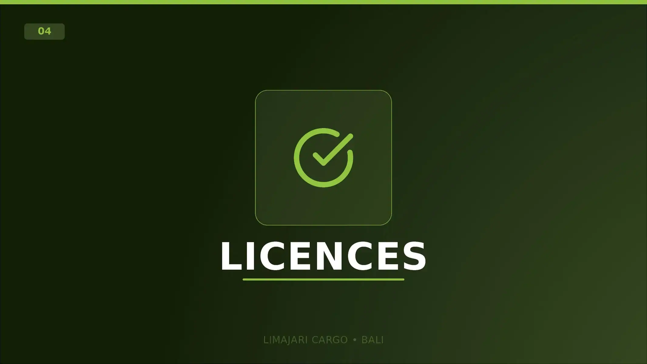 Limajari Cargo - Services logistiques - Licences d’exportation Visuel titre du service de licences d'exportation de Limajari Cargo, montrant une icône de coche verte au-dessus du mot licenses sur un fond sombre.