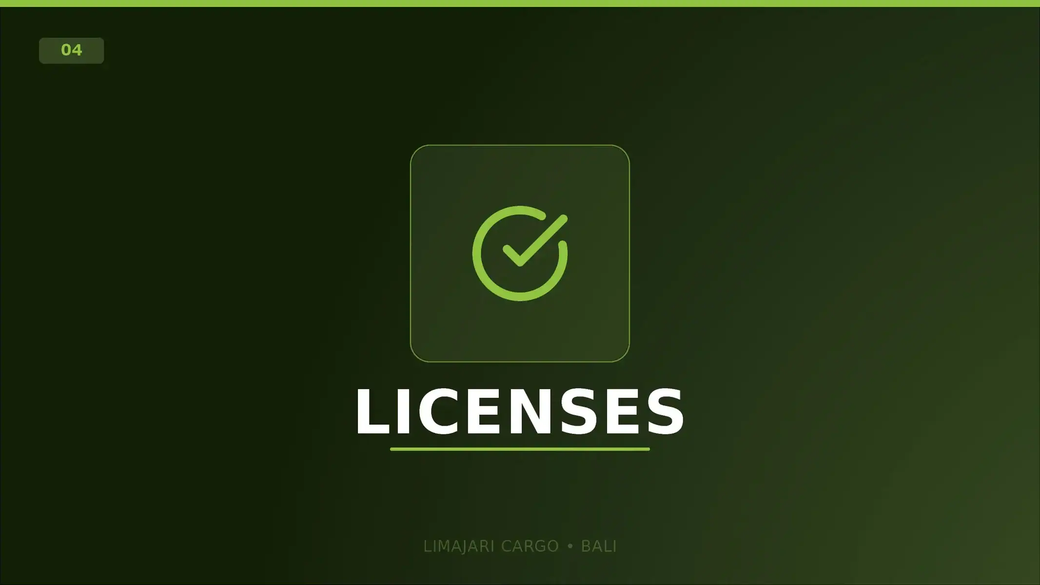 Title graphic for the Limajari Cargo export licenses service, showing a green check mark icon above the word licenses on a dark background.