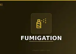 Visuel titre du service de fumigation de Limajari Cargo, montrant une icône d'aérosol dorée au-dessus du mot fumigation sur un fond sombre.