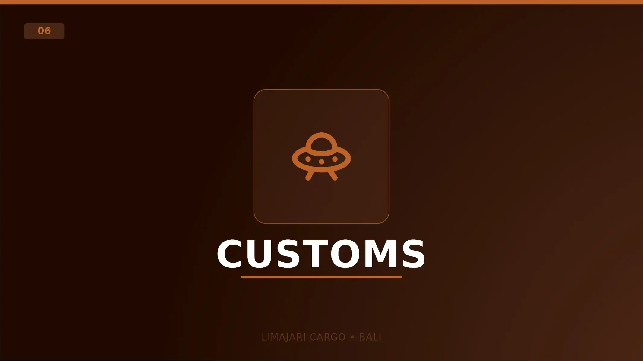 Limajari Cargo - Logistics services - Export Customs Clearance Title graphic for the Limajari Cargo export customs service, showing an orange icon above the word customs on a dark background.