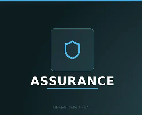 Visuel titre du service d'assurance de Limajari Cargo, montrant une icône de bouclier cyan au-dessus du mot assurance sur un fond sombre.