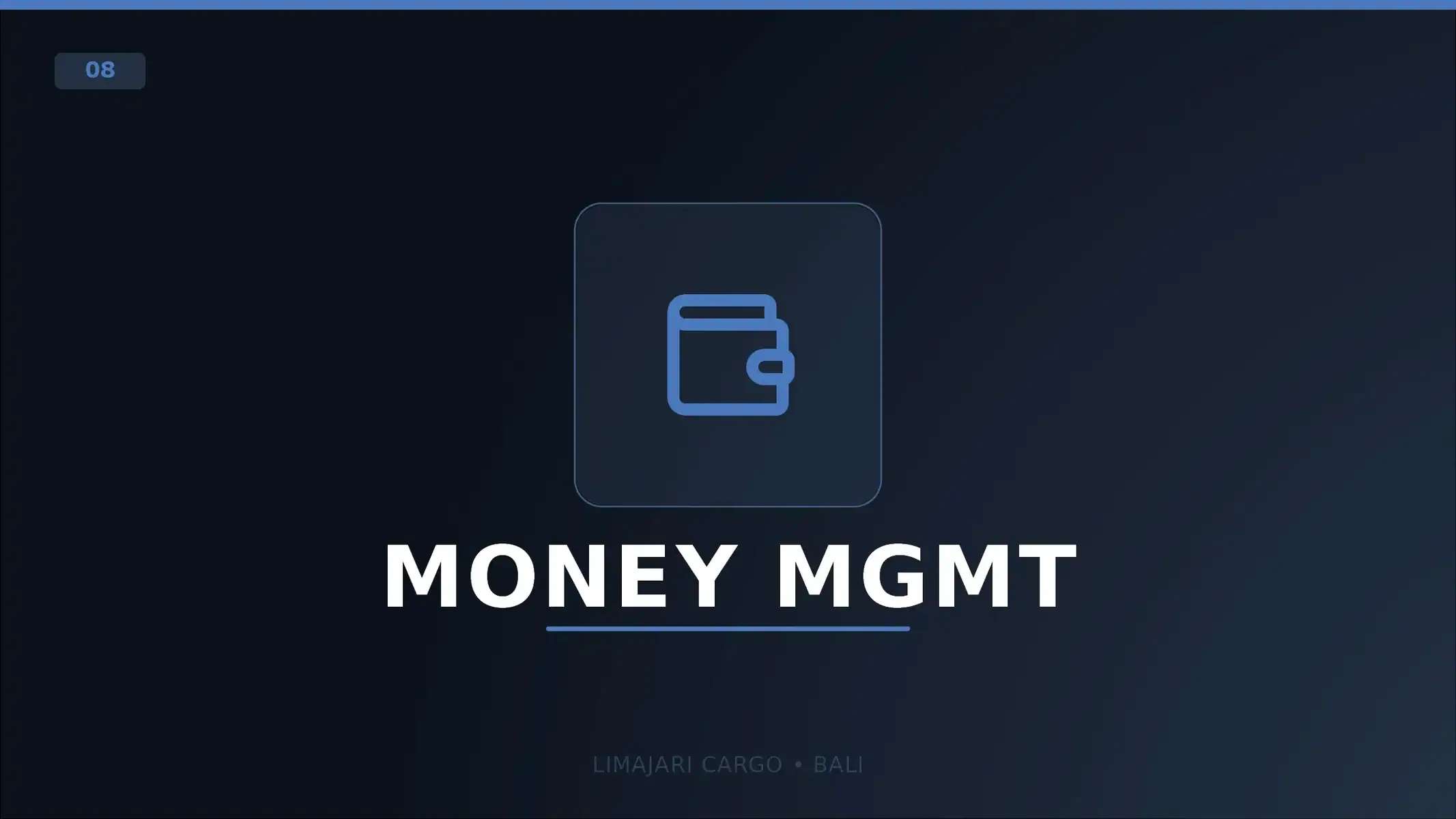 Title graphic for the Limajari Cargo money management service, showing a purple wallet icon above the word money management on a dark background.