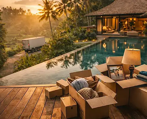 Luxury tropical villa with infinity pool, surrounded by lush greenery and palm trees, offering a perfect relaxing getaway in a scenic tropical setting.