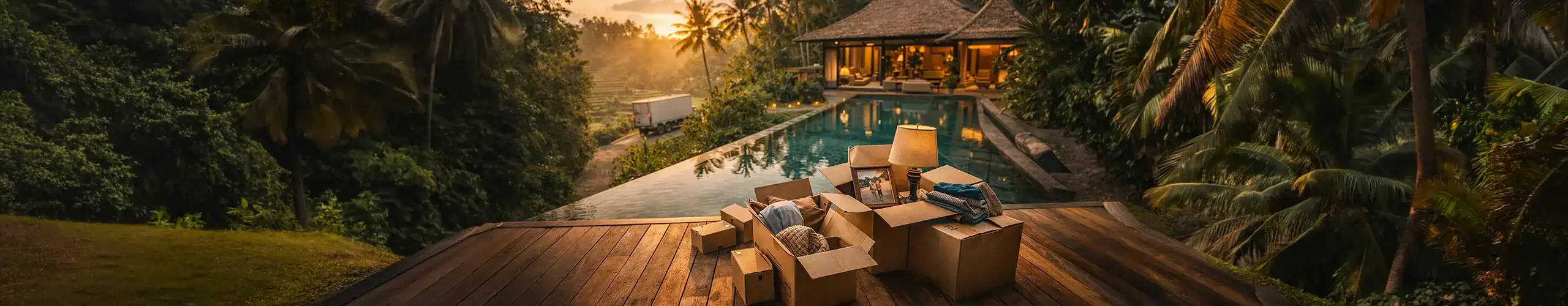 Villa tropicale de luxe avec piscine à débordement, entourée de végétation luxuriante et de palmiers, offrant une escapade idéale pour se détendre dans un cadre tropical pittoresque.